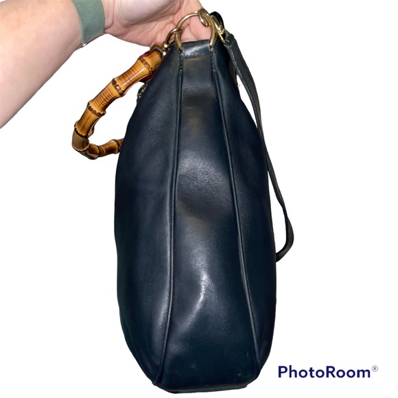 Authentic Gucci Vintage Navy Blue Leather Bamboo Handle Two Way Large Tote Bag - Picture 5 of 17